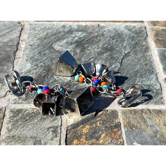 Vtg 1960's Silver Tone Bell Dangle Earrings With Multi Colored Beads 2 Mini Bell - Picture 4 of 4